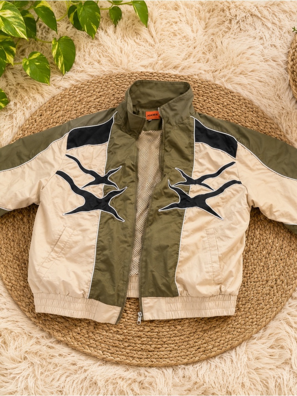 Mahk Olive & Cream Bird Motif Windbreaker Jacket